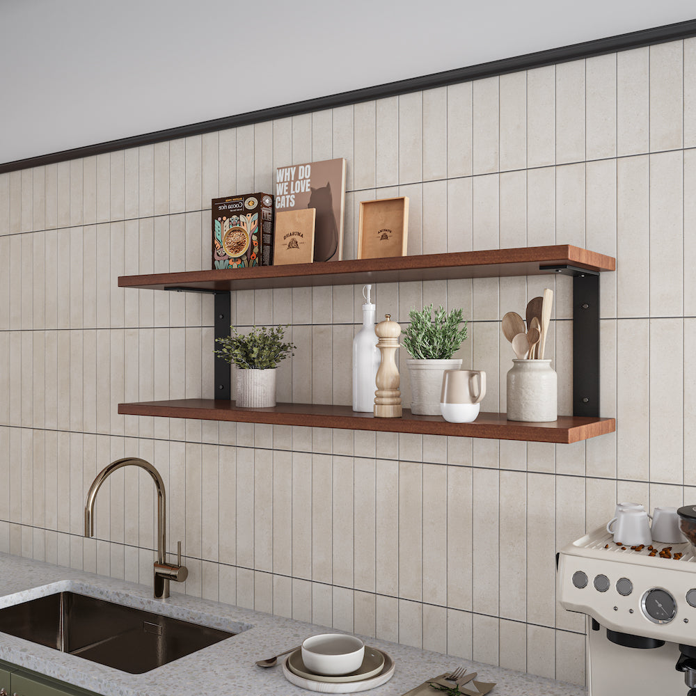 wood shelves on modern kitchen tile with black double brackets a nd decor