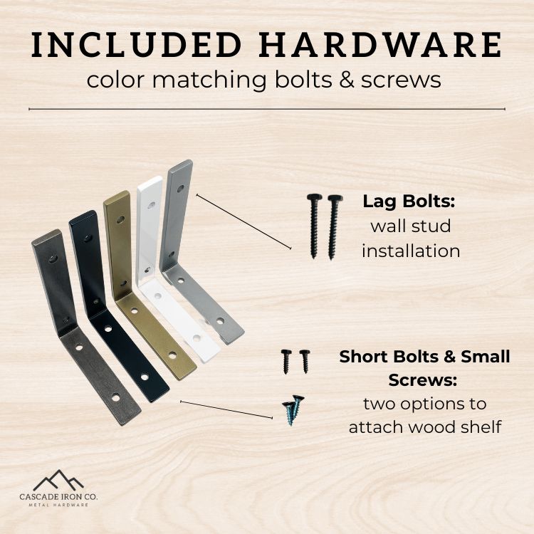 L bracket with lag bolts and screws, text: included hardware color matching bolts and screws
