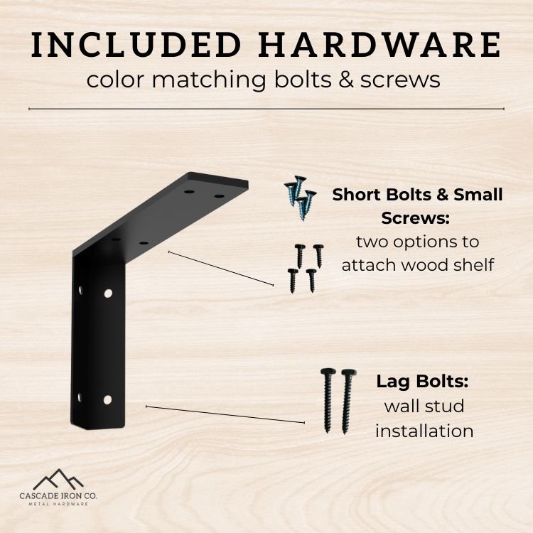 corner shelf bracket with lag bolts and screws, text: included hardware color matching bolts and screws