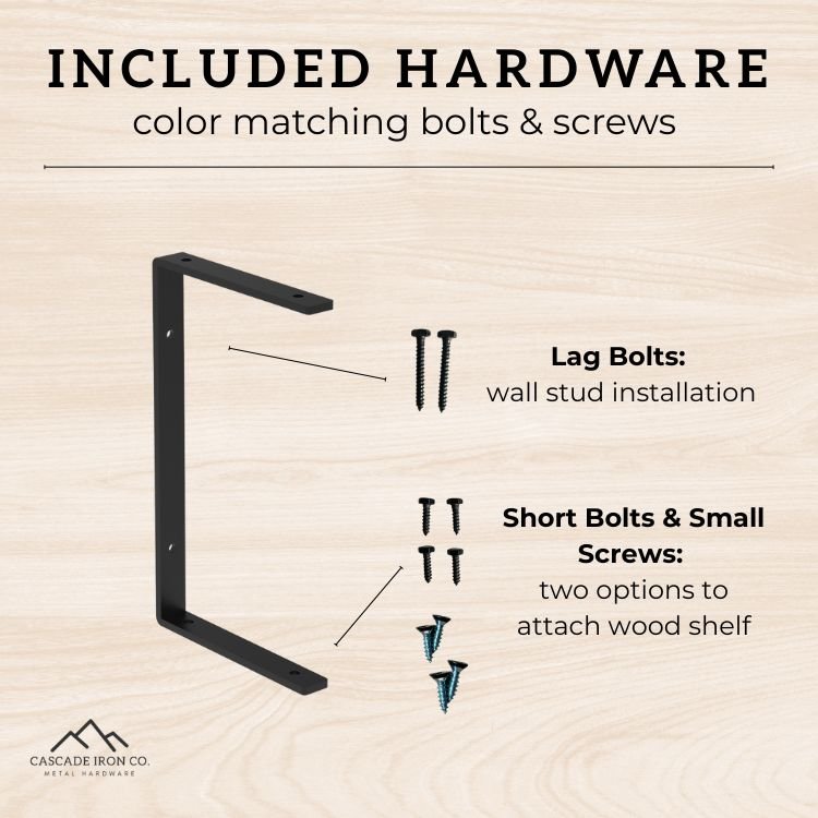 double shelf bracket with lag bolts and screws, text: included hardware color matching bolts and screws