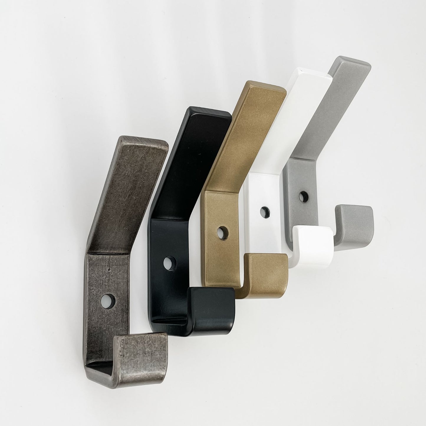 double wall hooks - raw steel, black, brass, white, silver