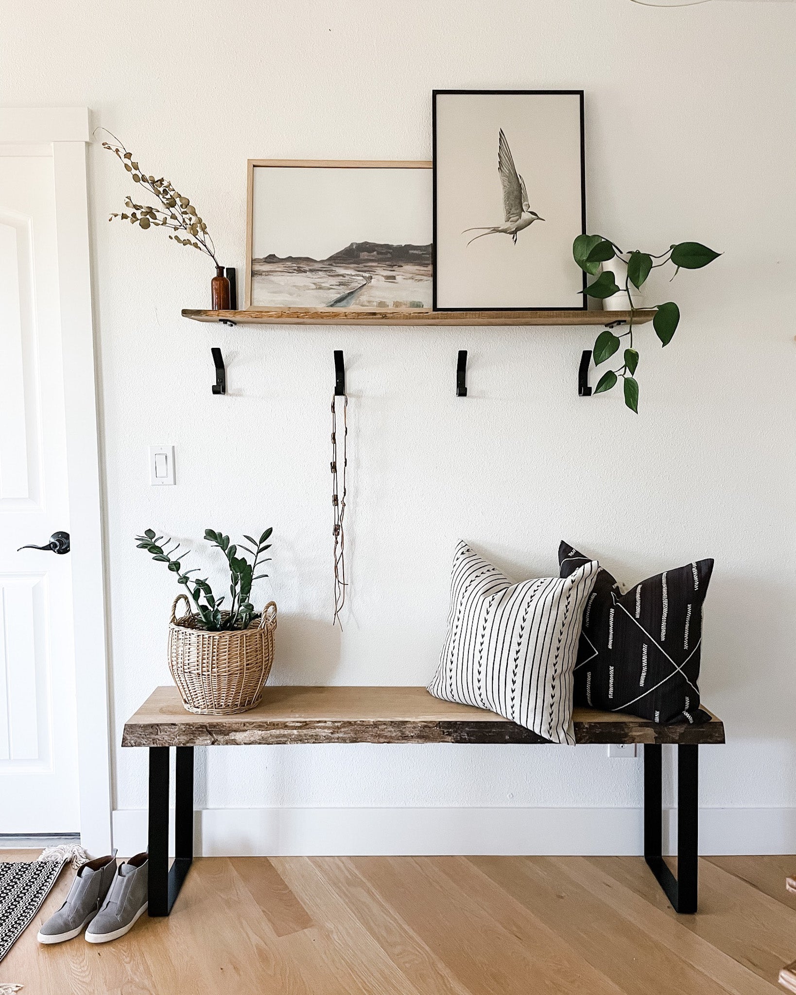 wood shelf with brackets and bench with metal legs