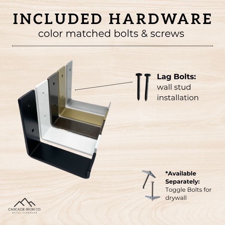 Metal J brackets with hardware components on a beige background, featuring text about included hardware.