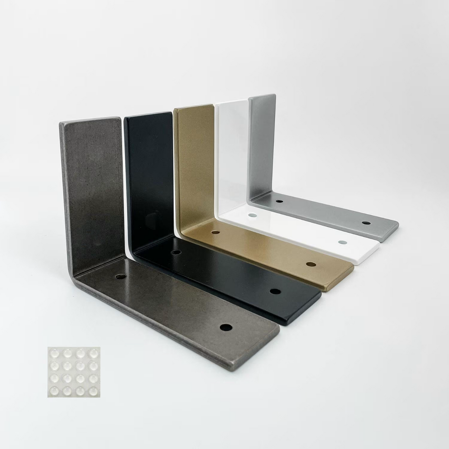Five heavy duty 90 angle L brackets in various metal colors; powder coated raw steel, black, brass, white, and silver