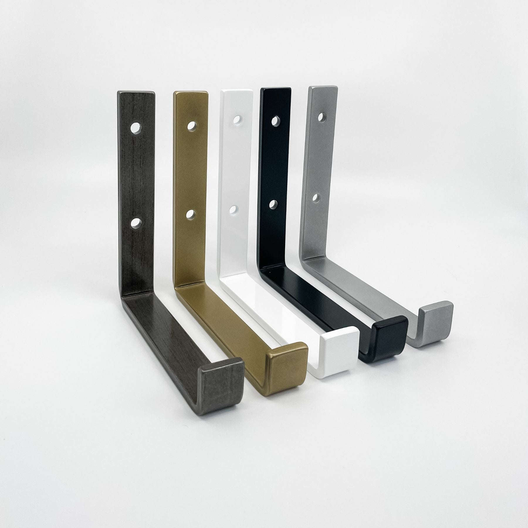 cascade iron co. shelf brackets - raw steel, brass, white, black, and silver