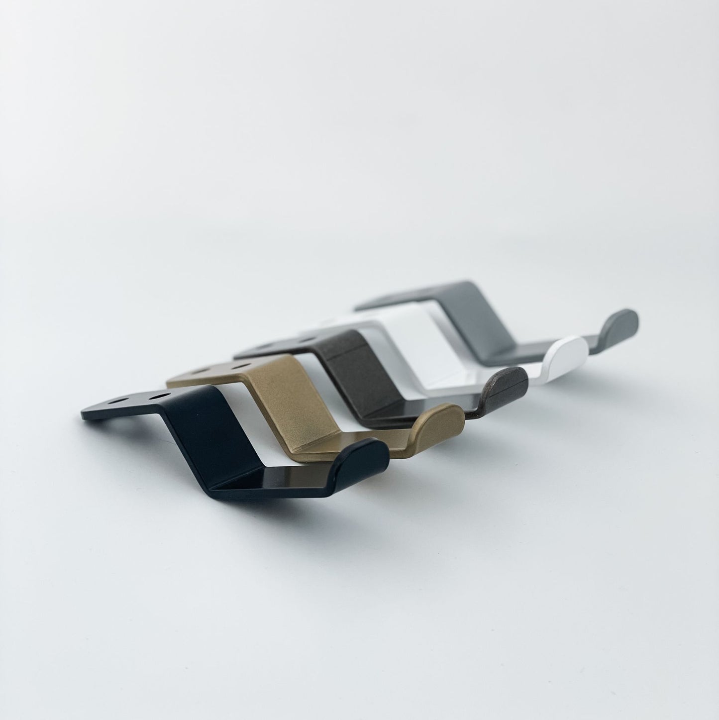 under table purse hooks in powder coated black, brass, steel, white, silver