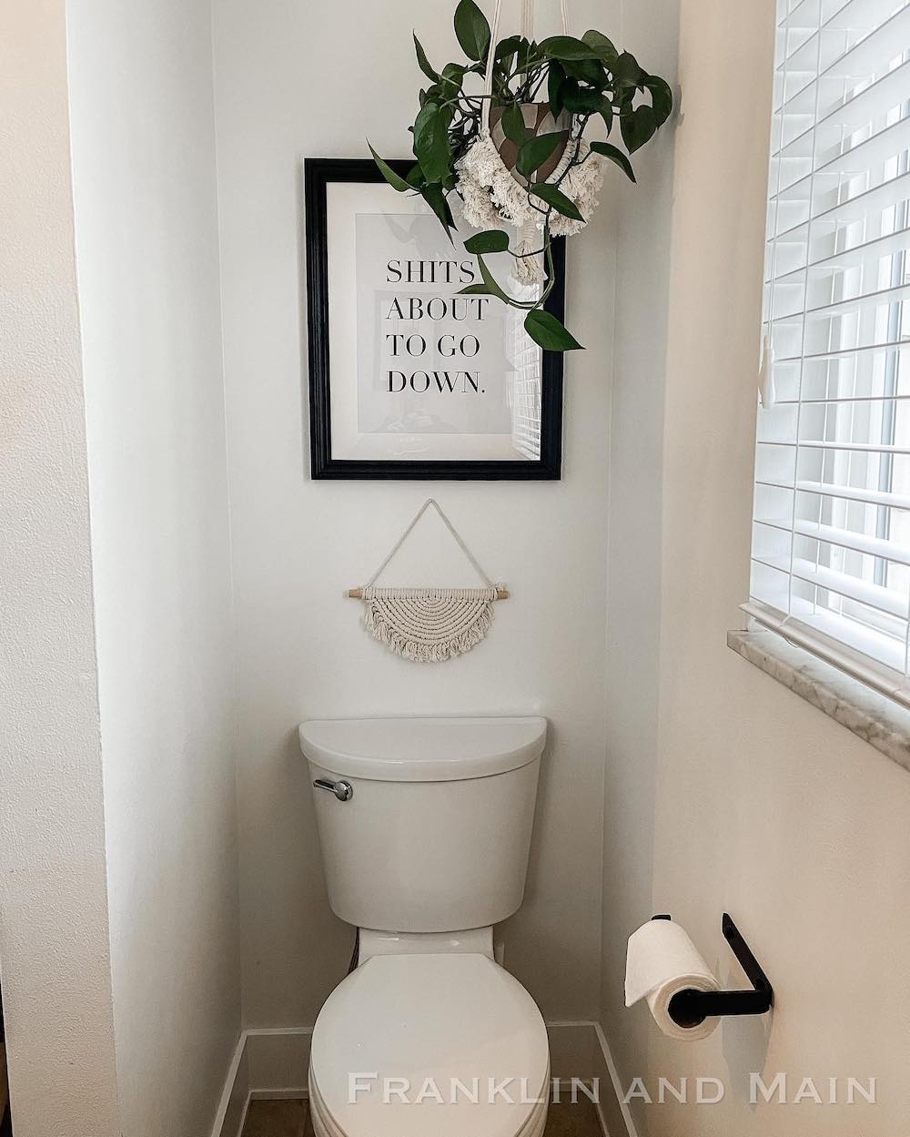 toilet with black toilet roll holder mounted on wall in bathroom nook with toilet, artwork, and plant