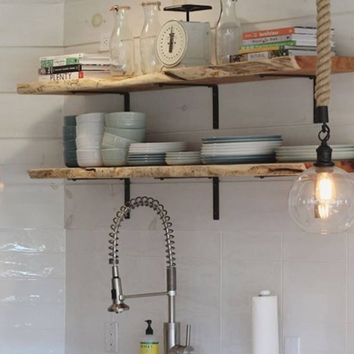 kitchen with wood shelves and brackets
