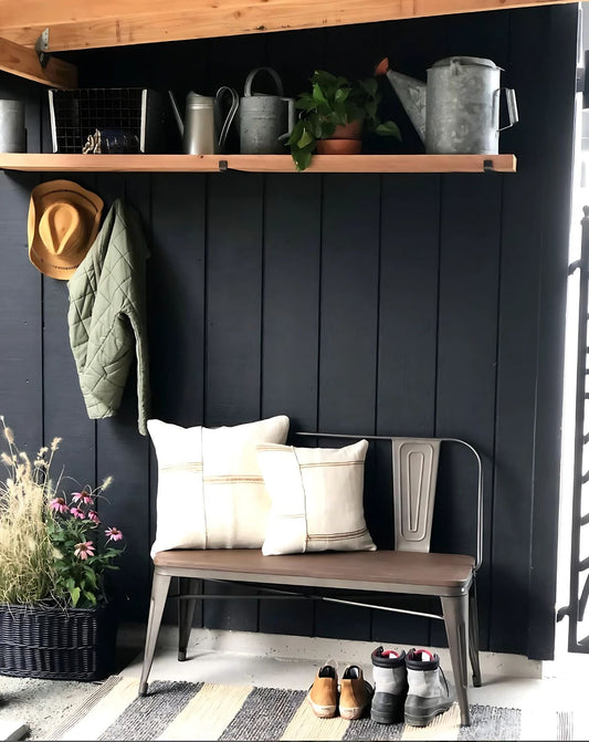 outdoor entryway with wood shelf