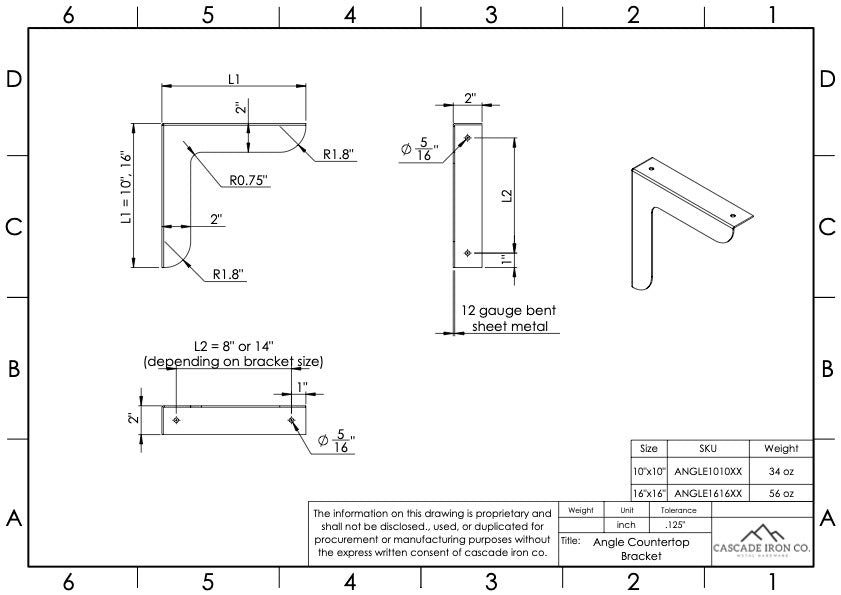 angled countertop support dimensions