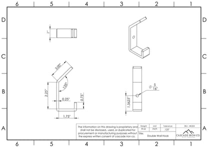 technical drawing spec sheet for a J style double wall hook with measurements of 1" wide steel and 1.75" hook space