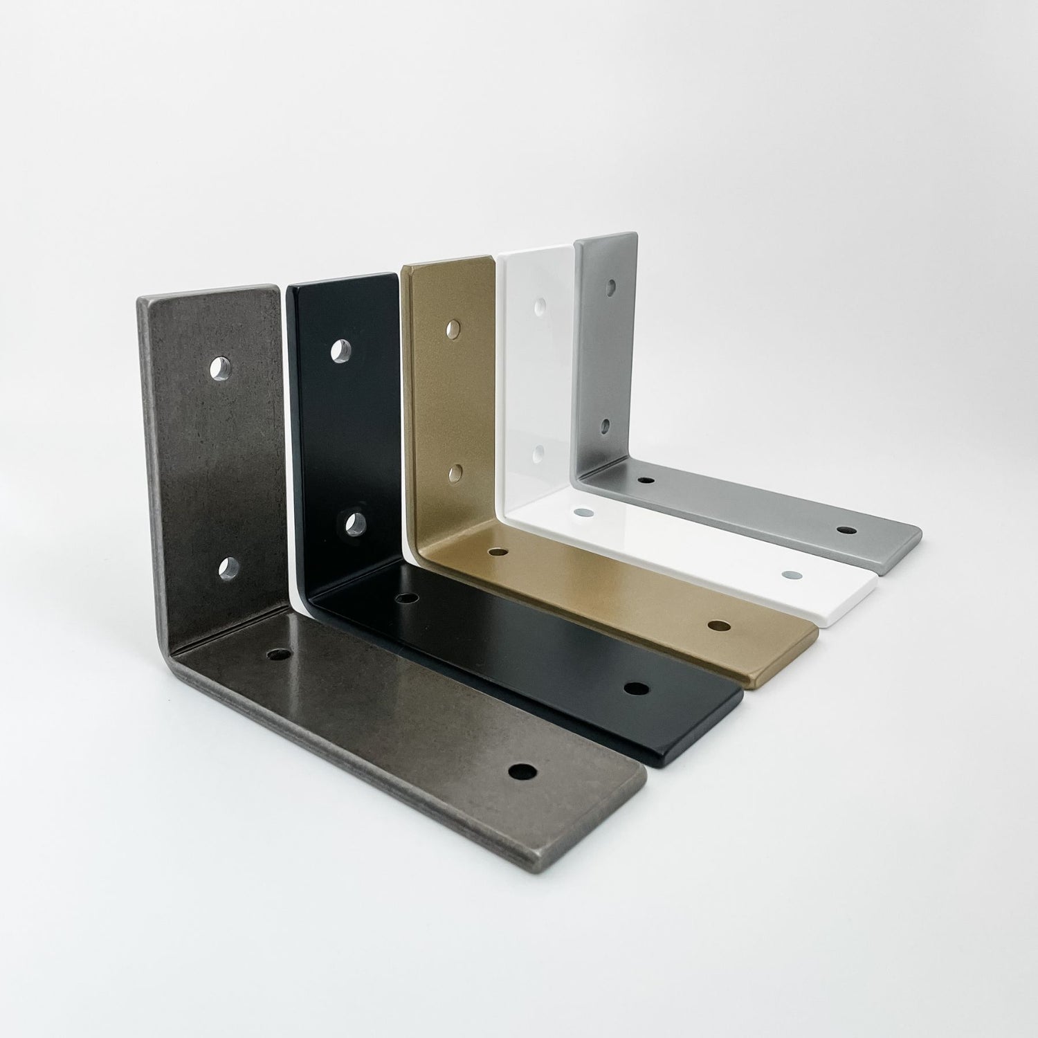 heavy duty L brackets - raw steel, black, brass, white, silver