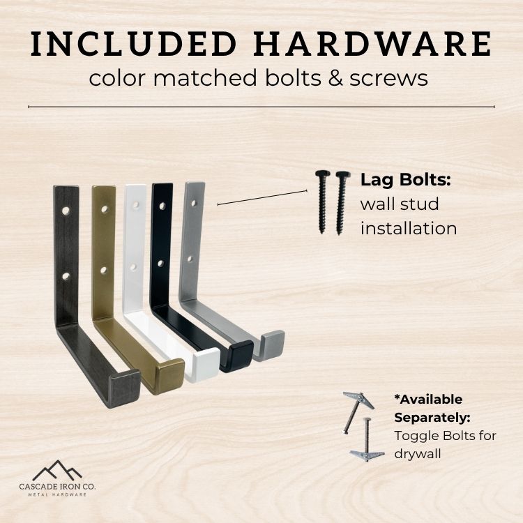 Metal brackets with color-matched bolts and screws on a wooden background, featuring the Cascade Iron Co logo.