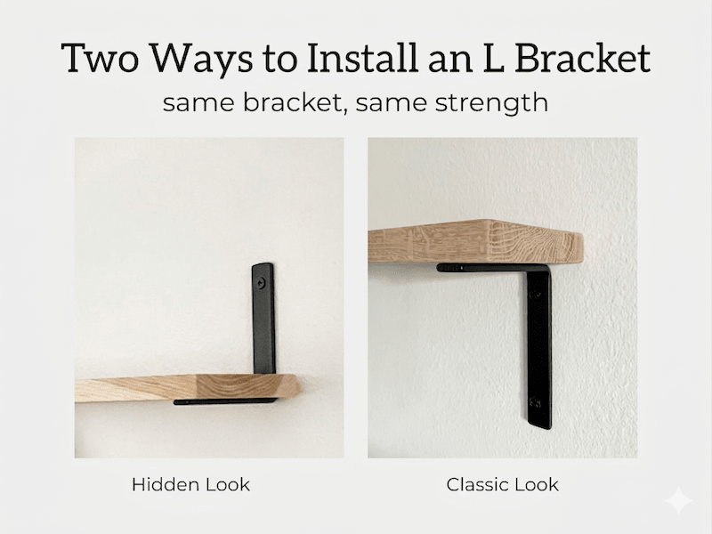 Two methods of installing an L bracket on a wooden shelf against a white background.
