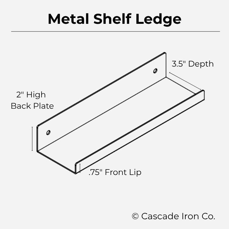 Diagram of a metal shelf ledge with dimensions labeled, featuring the brand 'Cascade Iron Co.'