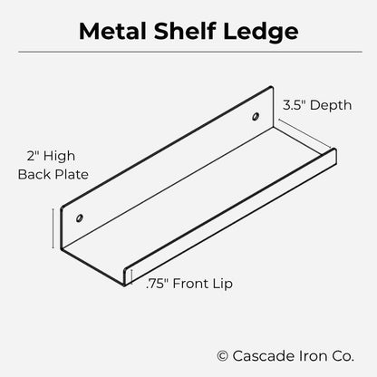 Diagram of a metal shelf ledge with dimensions labeled, featuring the brand 'Cascade Iron Co.'