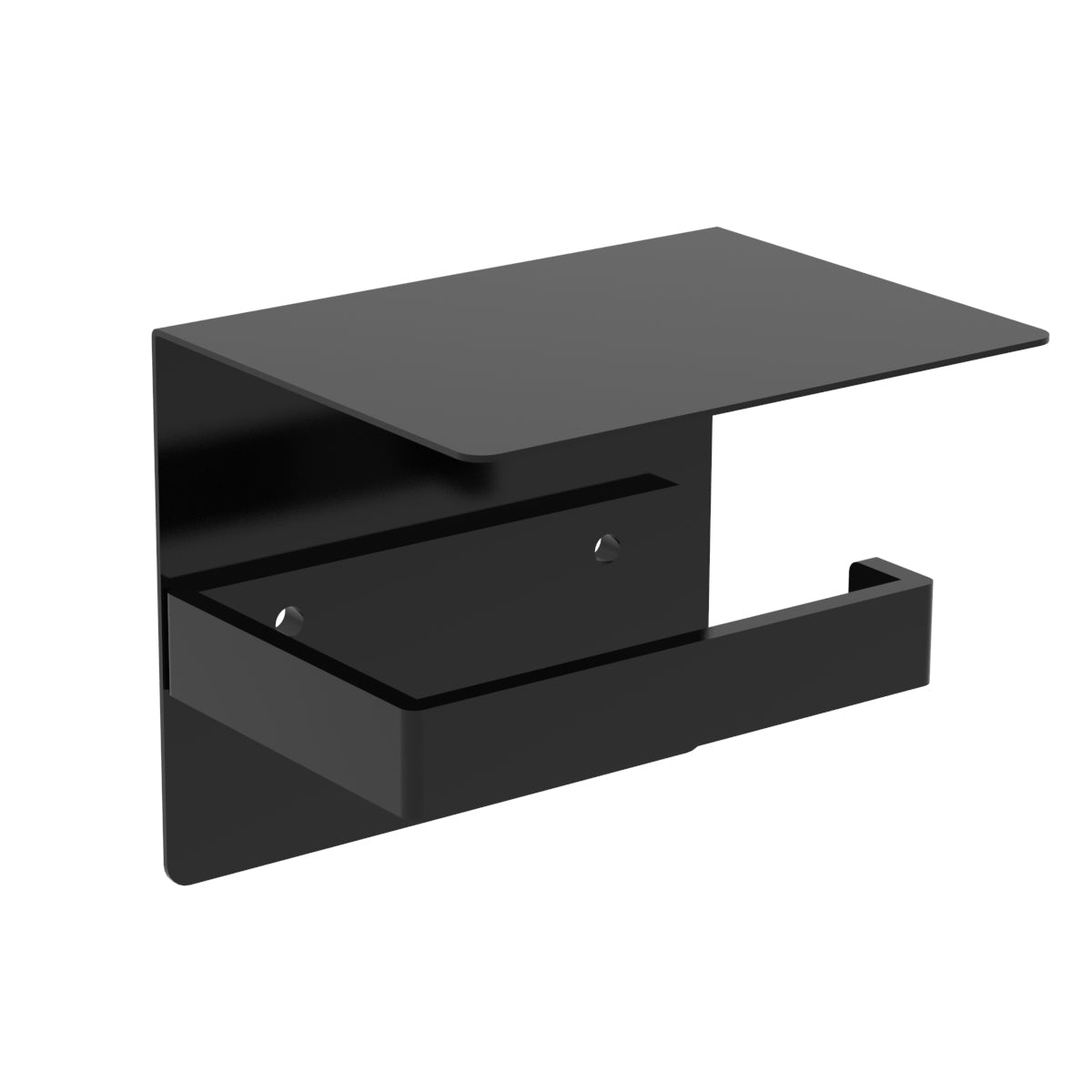 black metal toilet paper holder with attached shelf white background ©cascadeironco