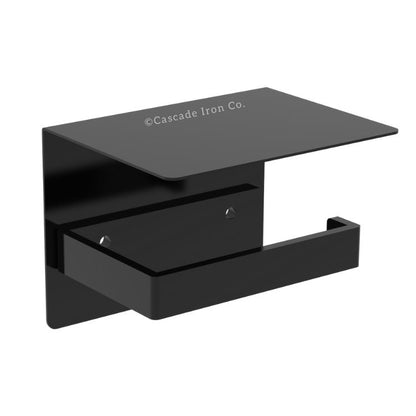 black toilet paper holder with shelf