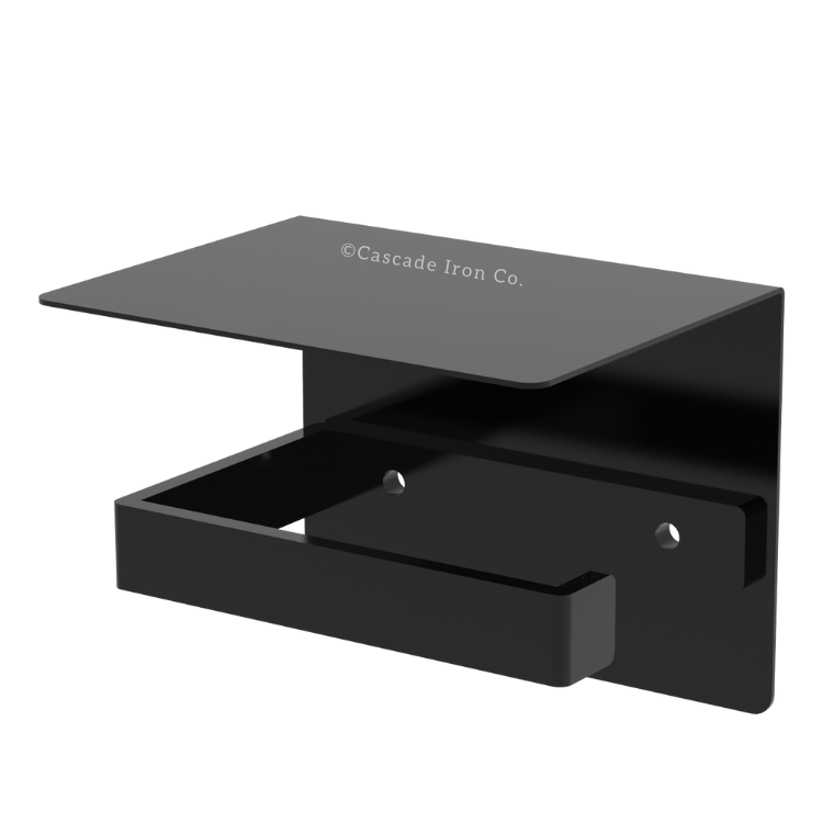 black toilet paper holder with shelf