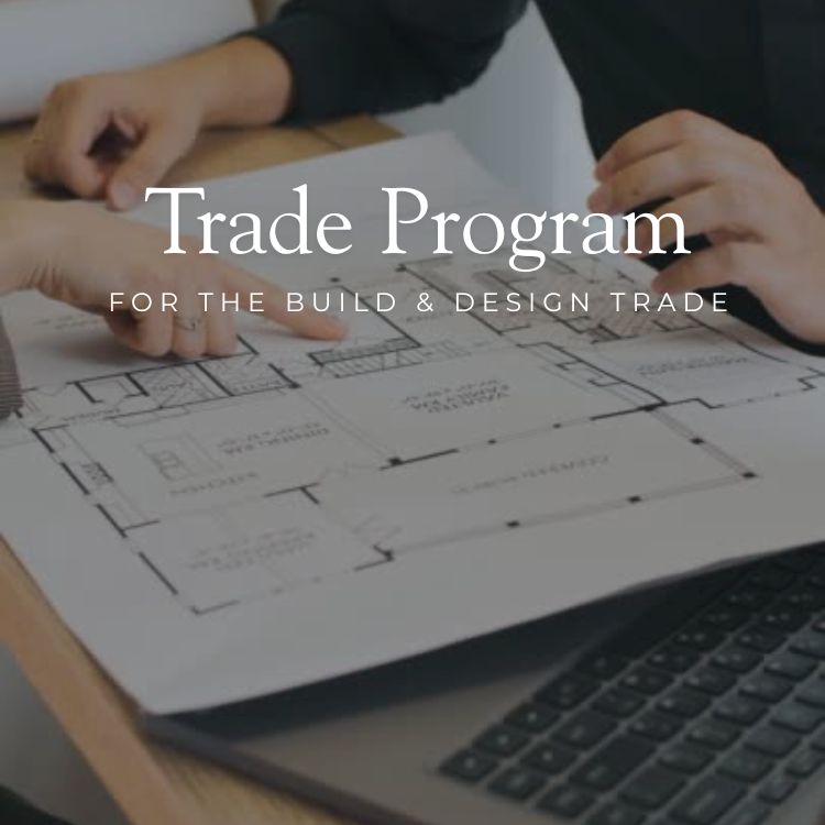 people holding technical drawings with text: trade program for the build and design trade