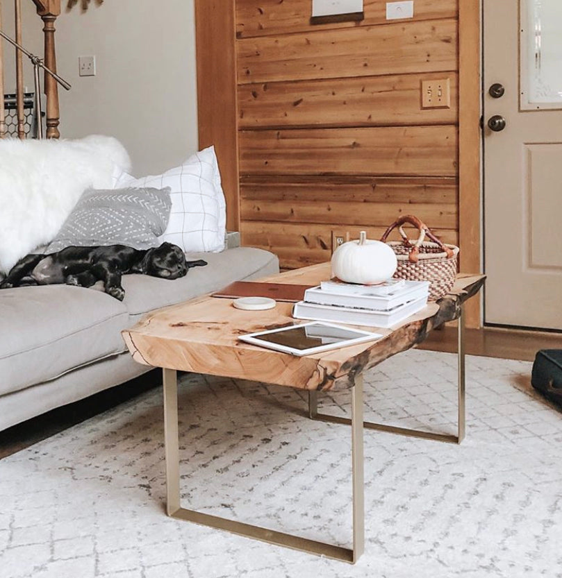 living room with live edge coffee table with brass legs