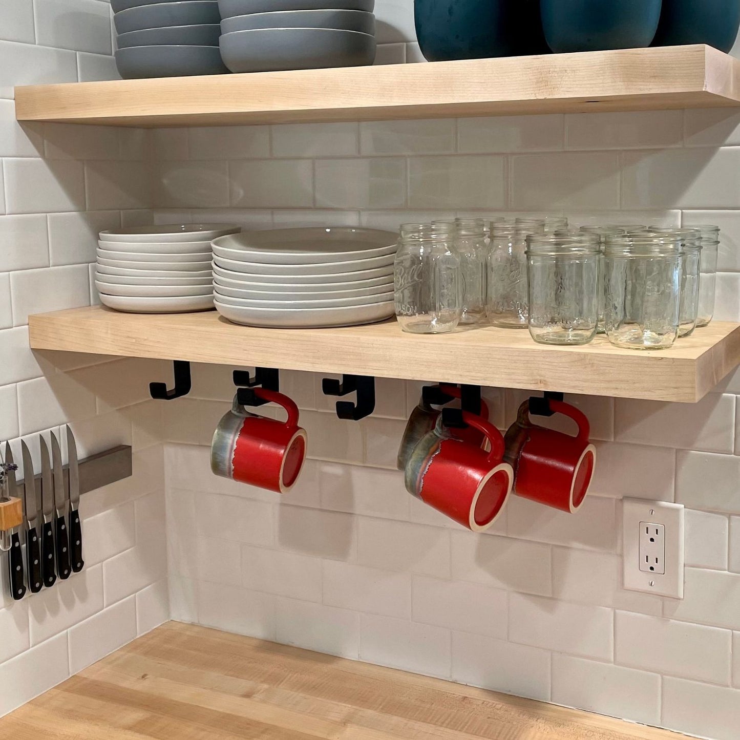 wood shelves with hooks for coffee mugs