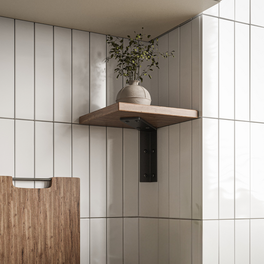 corner wall shelf with corner bracket on kitchen backsplash tile