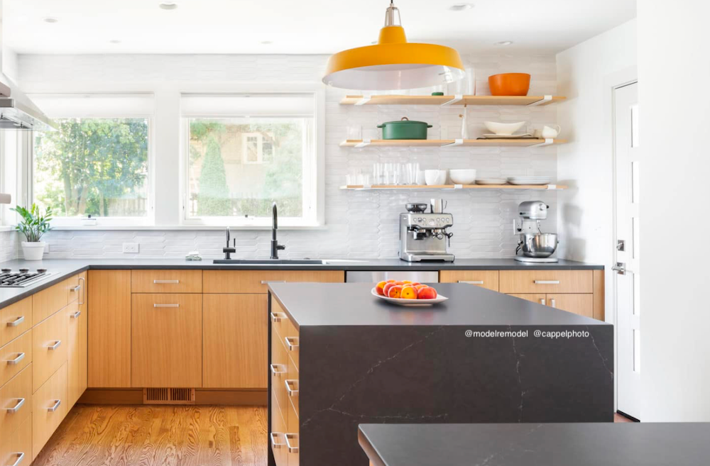 retro kitchen with wood shelves and white shelf brackets