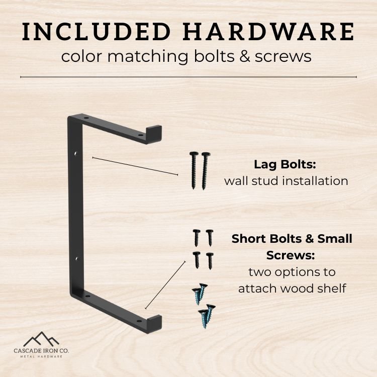 double shelf bracket with lag bolts and screws, text: included hardware color matching bolts and screws