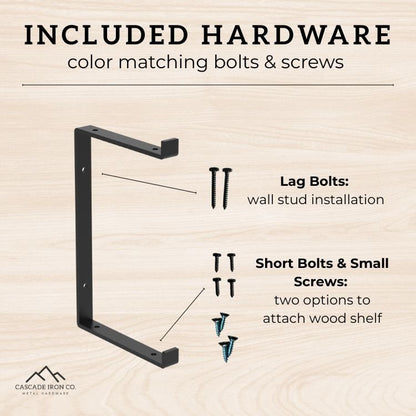 double shelf bracket with lag bolts and screws, text: included hardware color matching bolts and screws