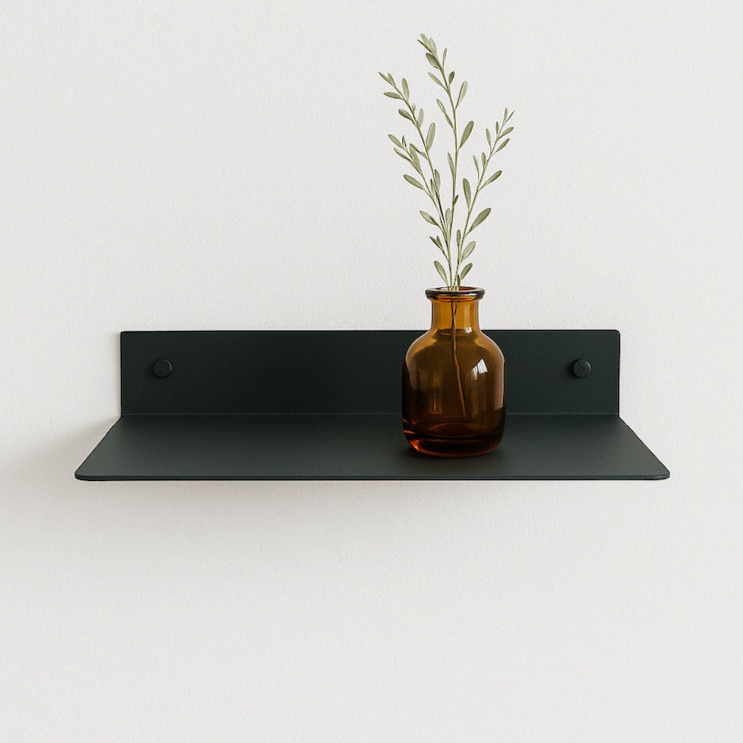 green metal shelf mounted on wall with amber vase and greenery