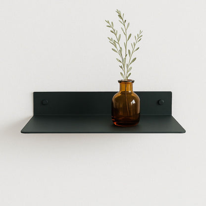 green metal shelf mounted on wall with amber vase and greenery