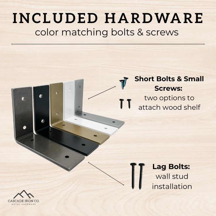 heavy duty L bracket with lag bolts and screws, text: included hardware color matching bolts and screws