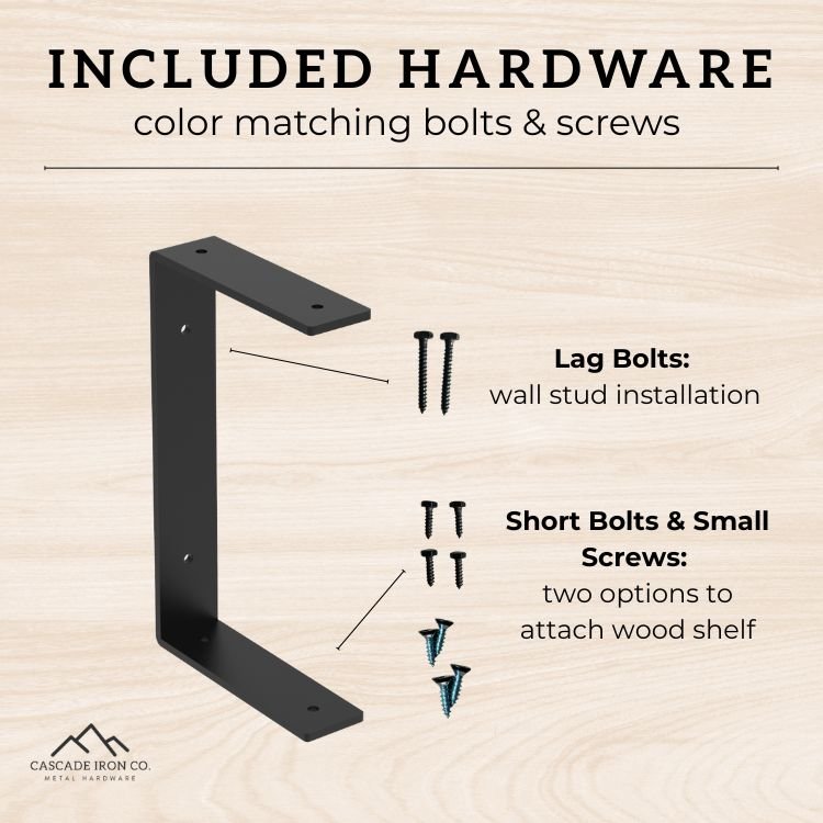 heavy duty double shelf bracket with lag bolts and screws, text: included hardware color matching bolts and screws