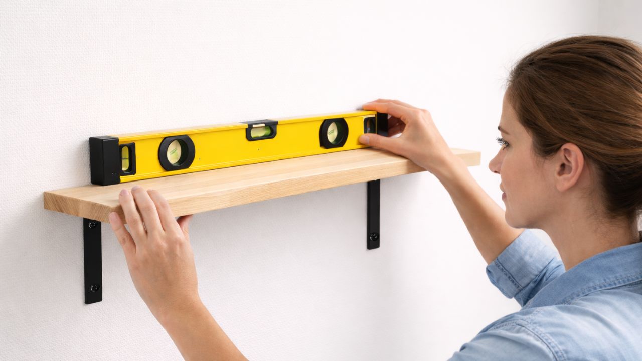 Load video: woman installing wood wall shelf with black brackets using a yellow level