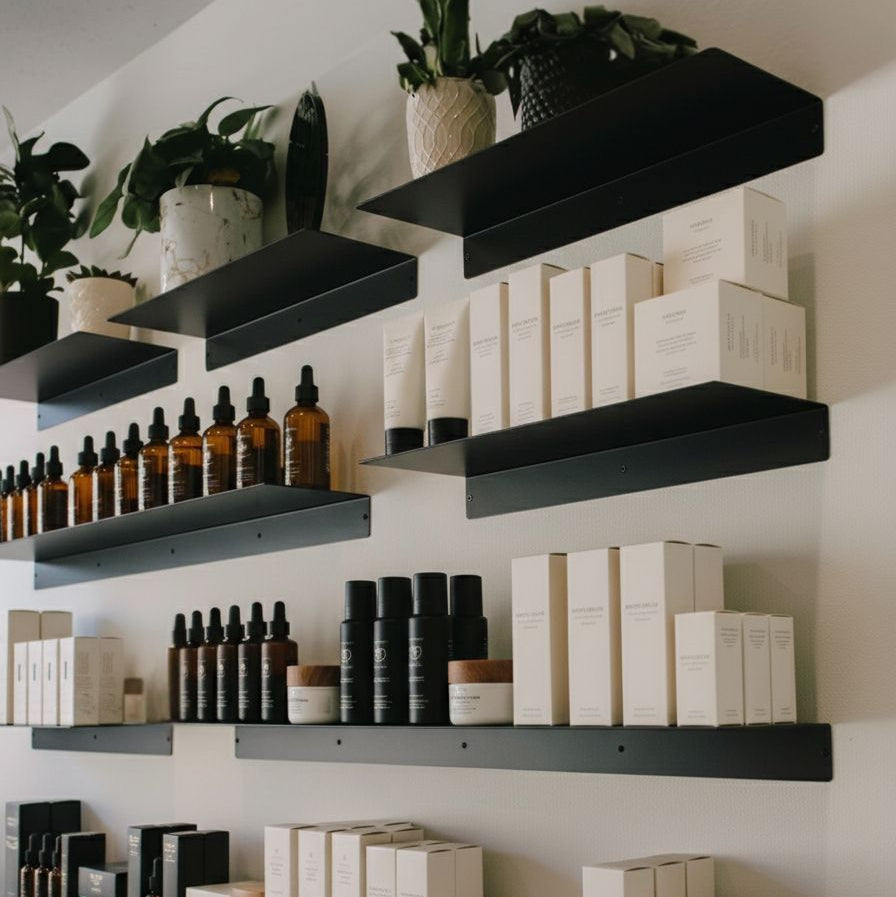 Black Metal Floating Retail Display Shelves installed on white wall with skincare products, bottles, and boxes