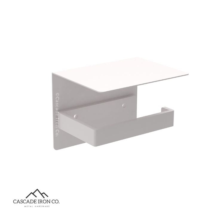 product image of white toilet paper holder with attached shelf on white background  ©cascadeironco