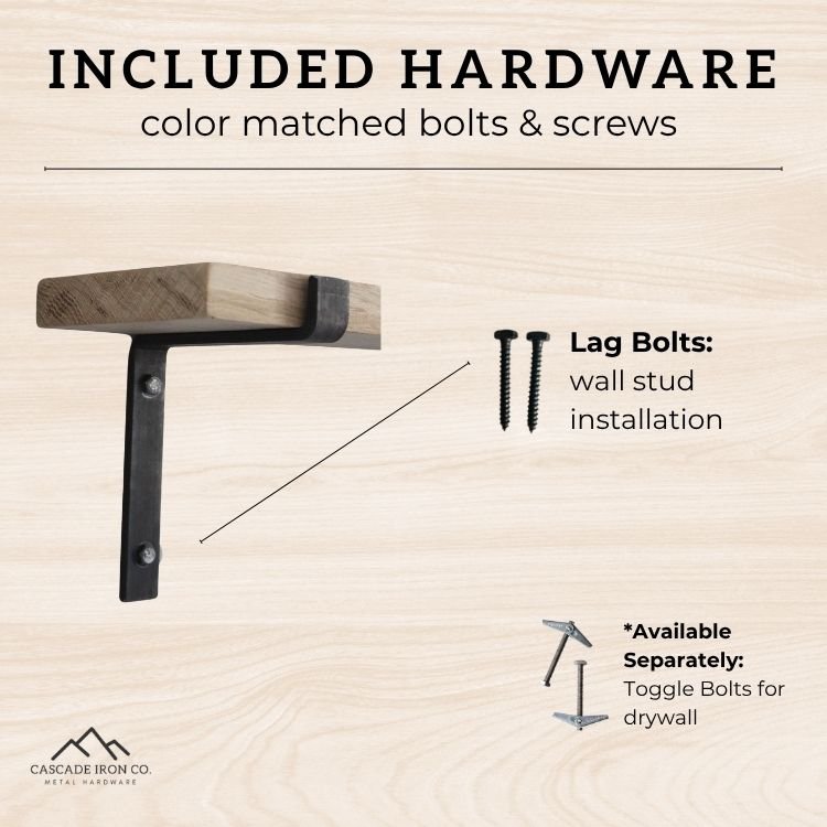 Wood shelf with metal shelf z bracket with hardware on a beige background, featuring text about included bolts and screws.